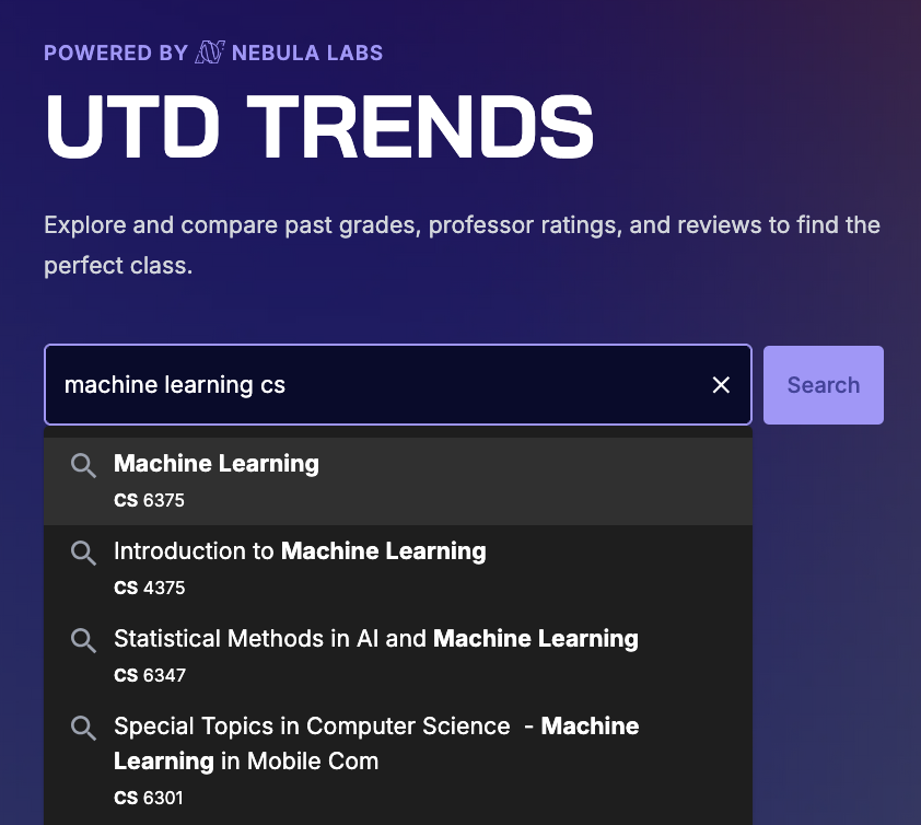 Search Autocomplete on UTD Trends for the query 'machine learning cs'